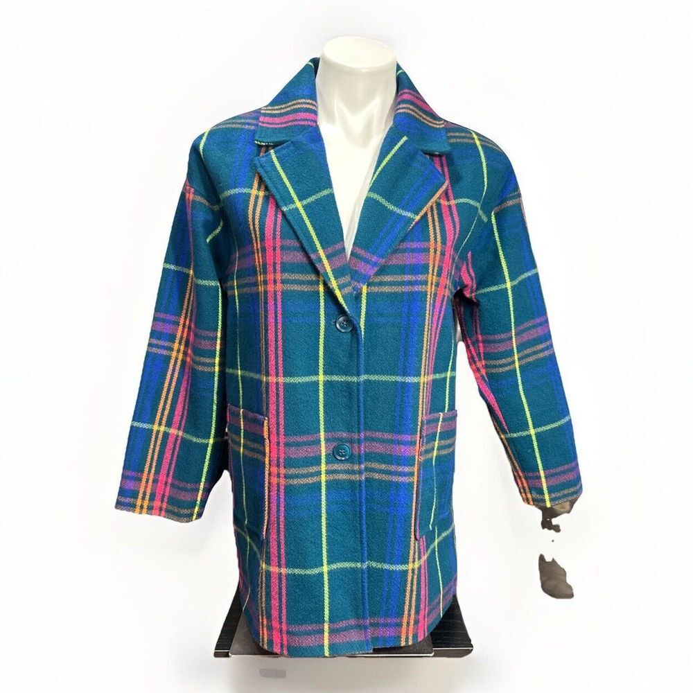 Girls 14 Thereabouts JC Penny Peacock Plaid Blazer 2 Button Long Sleeve